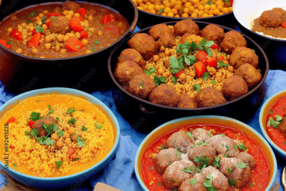 Moroccan cuisine. Chickpeas stewed with minced meat and vegetables in bowls. Generative AI Moroccan cuisine. Chickpeas stewed with minced meat and vegetables in bowls. Generative AI