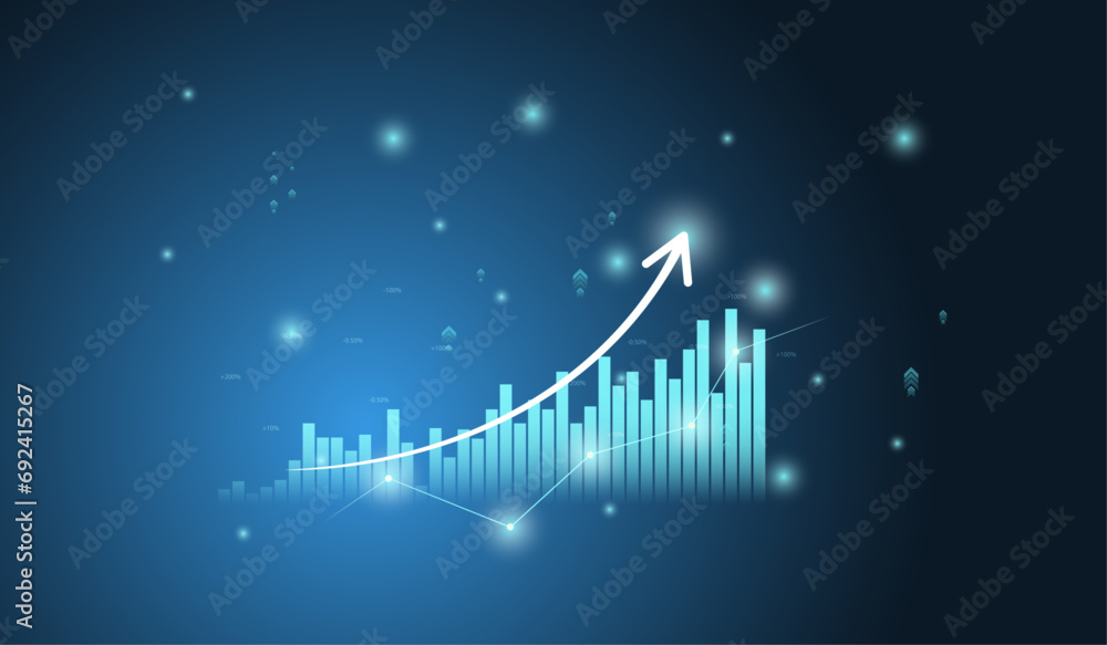 Naklejka premium Business and Financial chart with moving up arrow graph and world map in stock market on blue color background vector