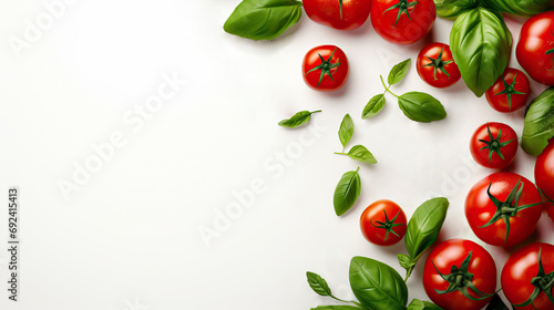 Frame of Ripe Tomatoes and Basil Leaves on White Background