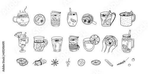 Big set of mulled wine in glasses or mugs of different sizes and shapes. Ingredients for mulled wine. Alcoholic and non-alcoholic drinks. Traditional drink in winter, before Christmas. Hand drawn