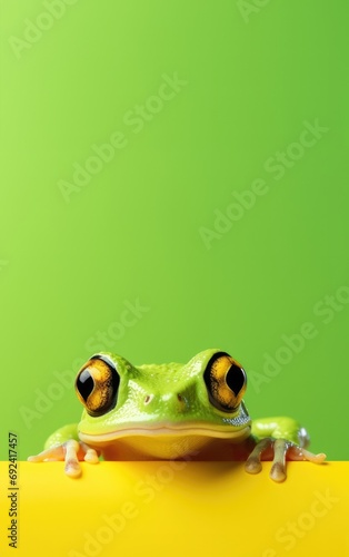 A little green frog sits on a yellow table on a green background a banner with space for your text