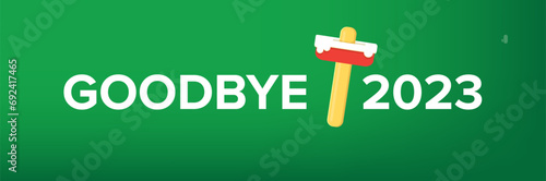 vector goodbye 2023 hello 2024 year vector concept illustration with melt ice cream isolated on horizontal green background. End of the 2023 year horizontal banner background or poster
