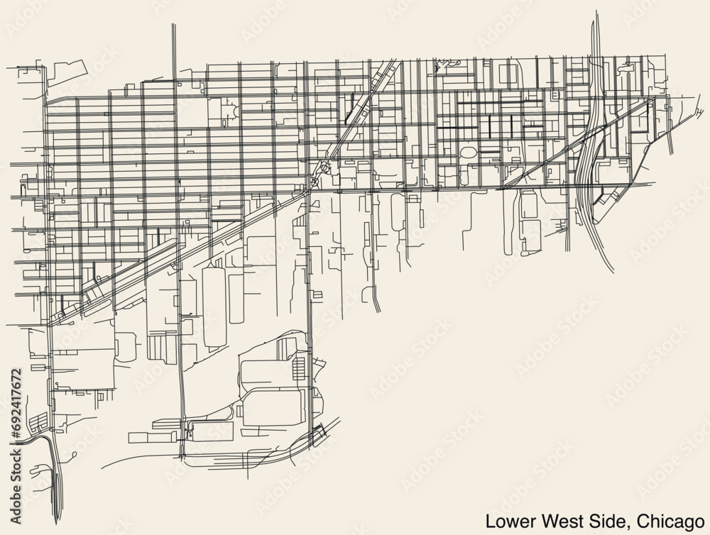 Detailed hand-drawn navigational urban street roads map of the LOWER WEST SIDE COMMUNITY AREA of the American city of CHICAGO, ILLINOIS with vivid road lines and name tag on solid background Detailed hand-drawn navigational urban street roads map of the LOWER WEST SIDE COMMUNITY AREA of the American city of CHICAGO, ILLINOIS with vivid road lines and name tag on solid background