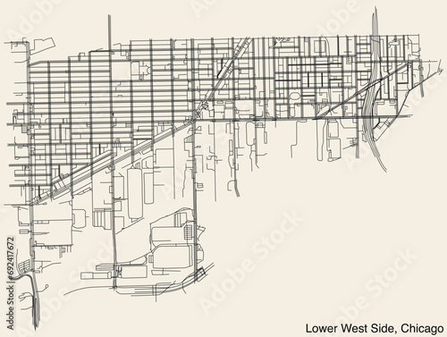 Detailed hand-drawn navigational urban street roads map of the LOWER WEST SIDE COMMUNITY AREA of the American city of CHICAGO, ILLINOIS with vivid road lines and name tag on solid background