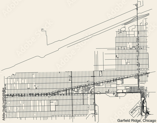 Detailed hand-drawn navigational urban street roads map of the GARFIELD RIDGE COMMUNITY AREA of the American city of CHICAGO, ILLINOIS with vivid road lines and name tag on solid background