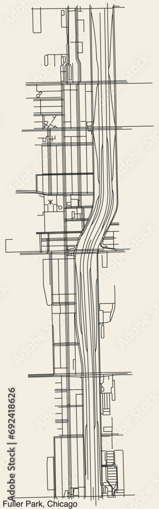 Detailed hand-drawn navigational urban street roads map of the FULLER PARK COMMUNITY AREA of the American city of CHICAGO, ILLINOIS with vivid road lines and name tag on solid background