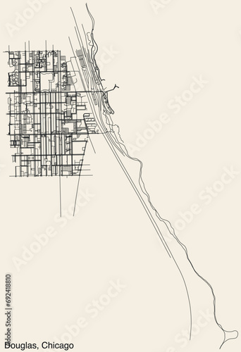 Detailed hand-drawn navigational urban street roads map of the DOUGLAS COMMUNITY AREA of the American city of CHICAGO, ILLINOIS with vivid road lines and name tag on solid background
