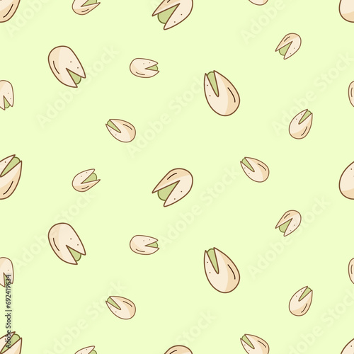 Seamless pattern pistachios icon cartoon doodle. Vector illustration background of snacks salted nuts in a shell.