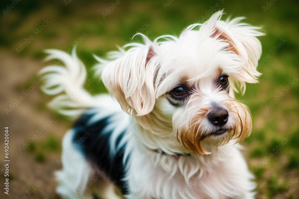Portrait of a Cute West Highland White Terrier dog standing on the road in the park. Yorkshire Terrier. Generative AI Portrait of a Cute West Highland White Terrier dog standing on the road in the park. Yorkshire Terrier. Generative AI