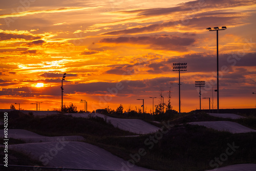 The BMX track at Lee Valley VeloPark in East London at Sunset photo