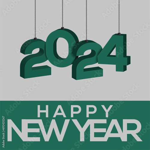 Title: Happy new year 2024 square template with 3D hanging number. Greeting concept for 2024 new year celebration
