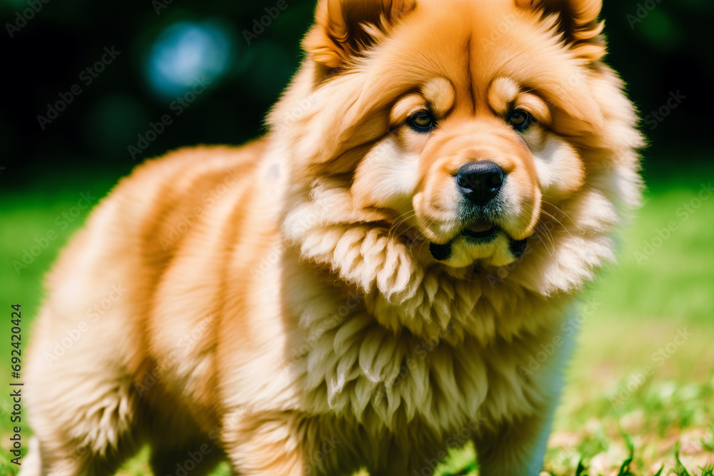 Portrait of a Cute chow chow dog in the park.  Generative AI