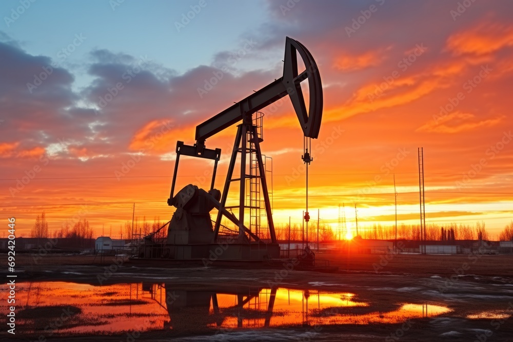 Oil production tower against the backdrop of the sunset