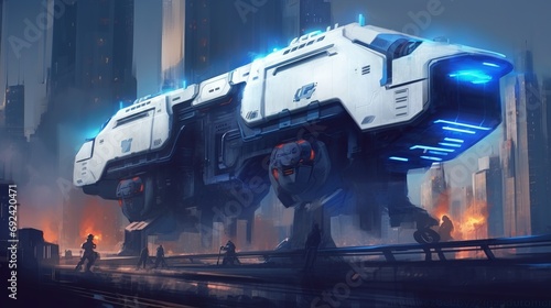 futuristic troop transport train with weapons