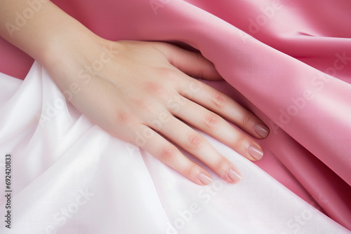 Hands of a young woman with beige nails on a pink background.