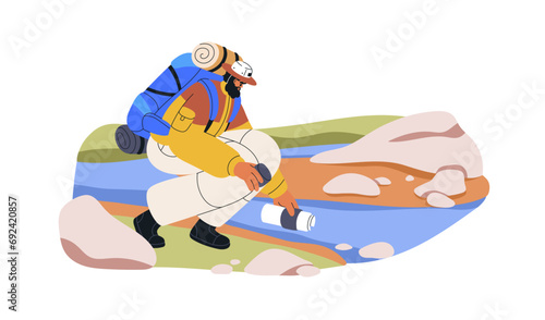 Hiker backpacker with bottle taking clean water to drink from clear stream, river in nature. Camper travel, survival. Tourist hiking. Flat graphic vector illustration isolated on white background