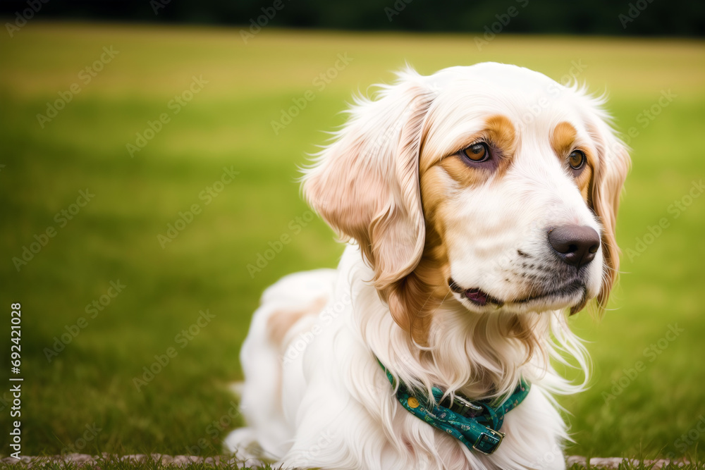 Portrait of a beautiful English Setter dog in the park.  Generative AI