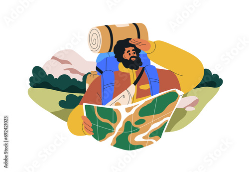 Hiker backpacker with map. Lost tourist in nature, searching, looking for direction, route. Man explorer trekking. Nature adventure. Flat graphic vector illustration isolated on white background photo