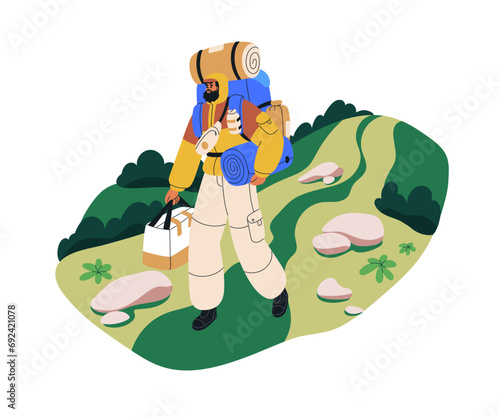 Hiker backpacker walking with bags in nature. Camper carrying backpack in adv...