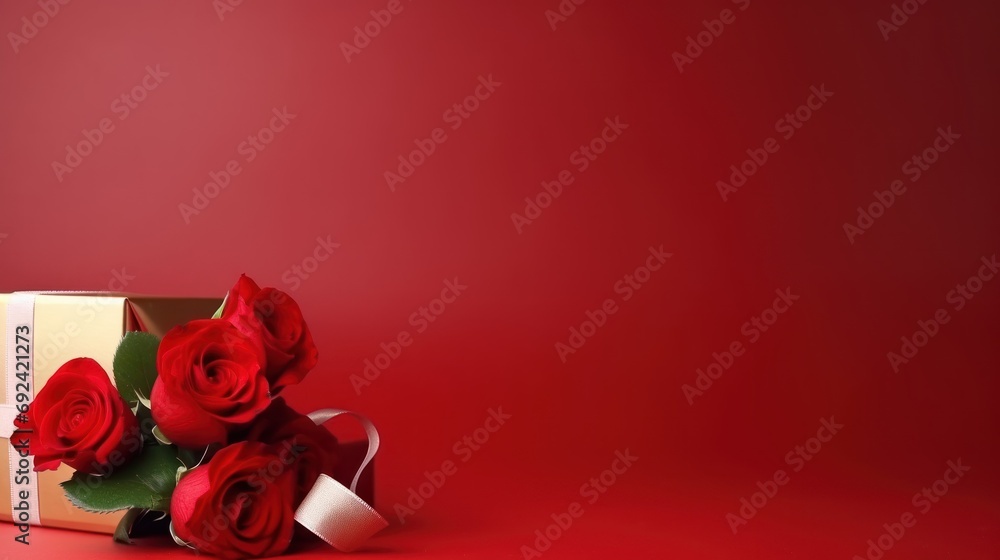 Gift box and beautiful roses on red background with space for text Valentine's Day celebration Gift box and beautiful roses on red background with space for text Valentine's Day celebration