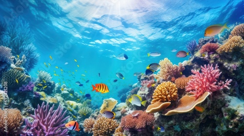 Fototapeta Naklejka Na Ścianę i Meble -  Dive underwater with colorful tropical fish in the coral reef sea.