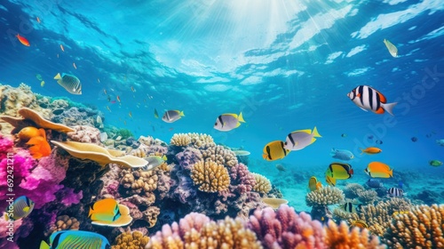 Dive underwater with colorful tropical fish in the coral reef sea.