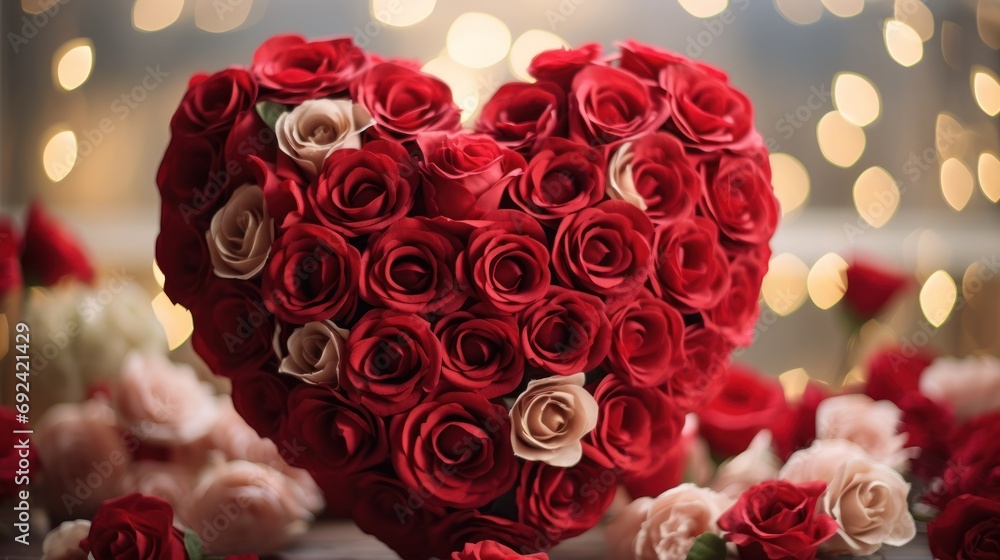 photograph of Heart shaped rose bouquet and valentine heart background photograph of Heart shaped rose bouquet and valentine heart background