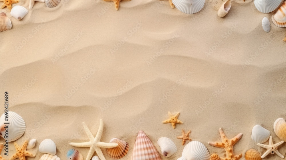 Obraz premium Top view of seashells and starfish Tropical display on the sand Use empty frames for text.