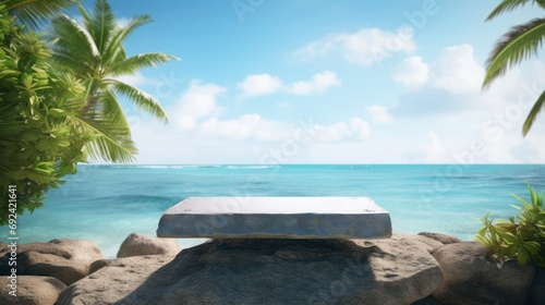 Stone podium for displaying summer products on a tropical sea beach.