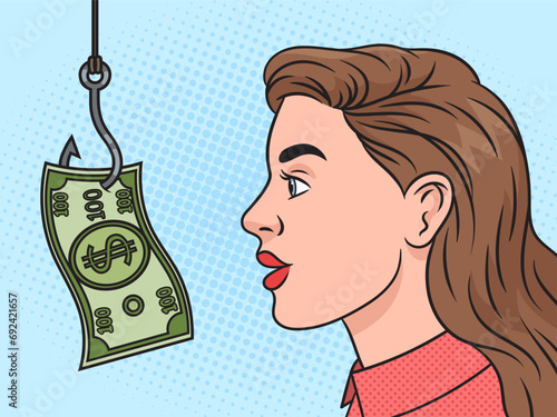 Woman is caught on money bait dollar cash metaphor pinup pop art retro hand drawn vector illustration. Comic book style imitation.