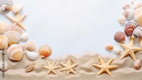 Top view of seashells and starfish Tropical display on the sand Use empty frames for text. © venusvi