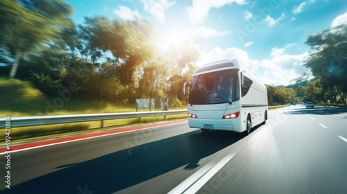 White tourist bus on the highway Drive very fast. Tourist and travel concept travel photo