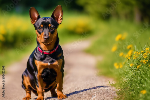Miniature pinscher sitting on the ground in the park. Generative AI