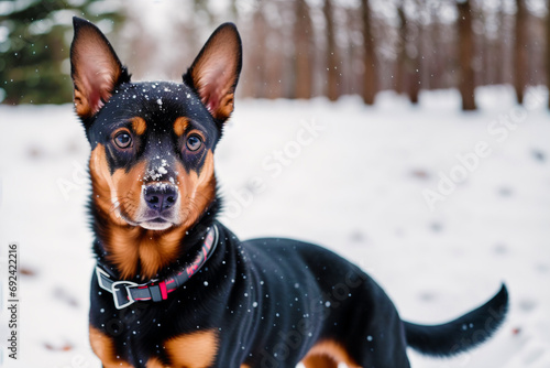 Miniature pinscher sitting on the ground in the park. Generative AI