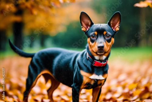 Miniature pinscher sitting on the ground in the park. Generative AI