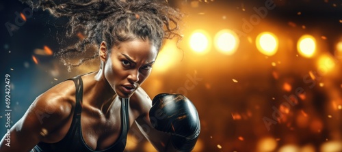 Girl in boxing gloves against the backdrop of rental lights, banner with space for your text