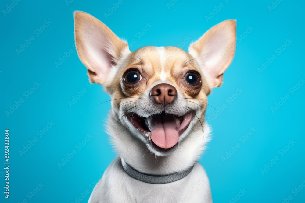 Cute chihuahua puppy dog on light blue background. Closeup portrait, front view, copy space for text