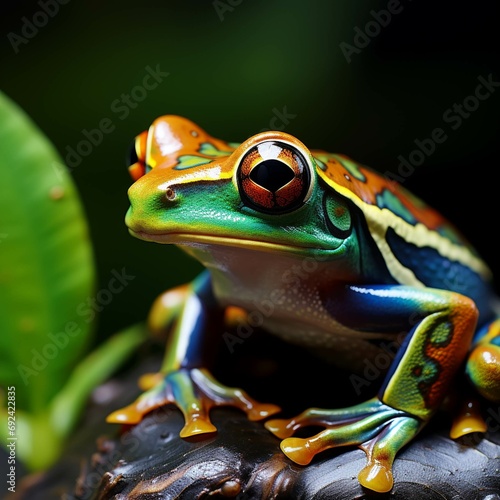 Cute Tree Frog, on a Leaf with Black Background.