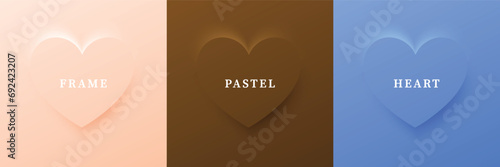 Set of abstract 3D heart, different color 3D heart shape frame design. Collection of geometric backdrop for cosmetic product display. Top view. Vector illustration