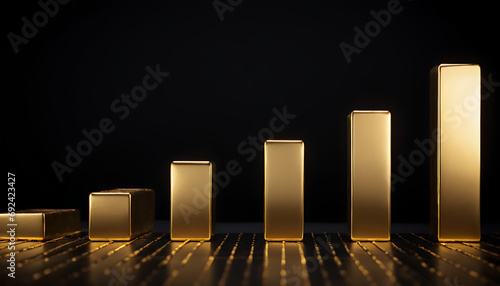 a golden bar graph with multiple data lines surrounded by additional gold bars on a black backdrop, evoking visual depth and complexity