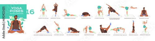 People in different yoga poses set. Man and woman stretch, training balance. Various asanas for meditation, sport exercises, spiritual practices. Flat isolated vector illustration on white background