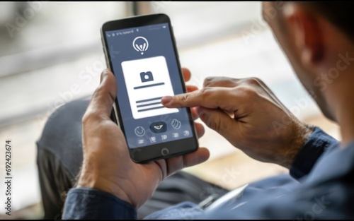 Seamless Authentication Man Touching Digital Identity Card with Smartphone photo