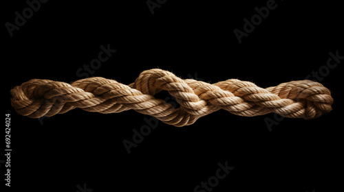 The Gordian knot of rough rope is isolated on a black background photo