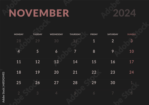 Monthly page Calendar Planner Templates of November 2024. Vector layout of simple calendar with week start Monday for print. Page for size A4 or 21x29.7 cm in dark color