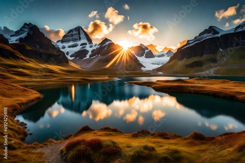 Fantastic evening panorama of Bachalp lake / Bachalpsee, Switzerland. Picturesque autumn sunset in Swiss alps, Grindelwald, Bernese Oberland, Europe. Beauty of nature concept photo