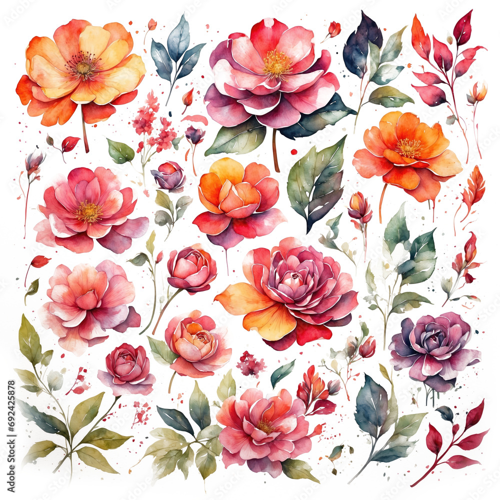 Colorful Watercolor Flowers & Leaves Illustrations