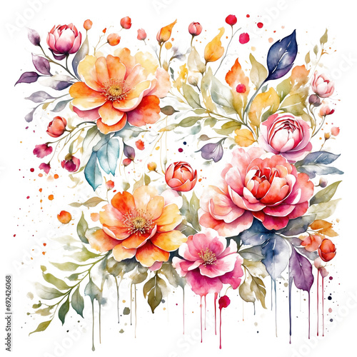 Colorful Watercolor Flowers & Leaves Illustrations photo