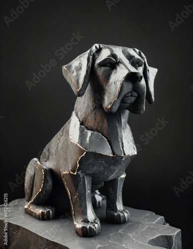 Statue / Skulptur eines Hundes aus Stein vor dunklem schwarzen Hintergrund. Fotorealistisch. Künstlerische 3D-Illustration, beleuchtet