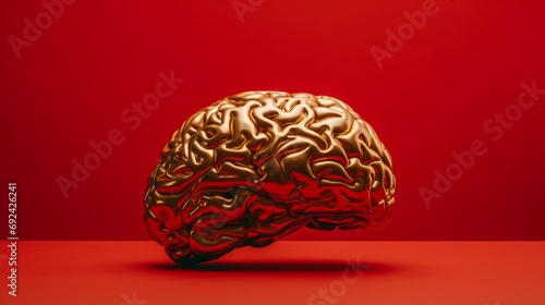 Human brain made of gold and diamonds on a red background. Jewelry Brain art.