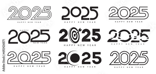 Set of Happy New Year 2025 logos design. Vector illustration with black numbers 2025 isolated on white background. New Year holiday logos template. Collection of 2025 happy new year symbols photo